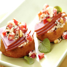Breakfast Polenta Crostini with Ham & Wisconsin Asiago
