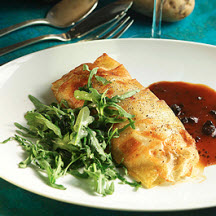 Idaho&reg; Potato Crusted Black Bass with Black Truffle Sauce and Wild Arugula
