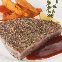 Peppercorn Crusted Florida Tuna Steak with Sweet Potato Fries