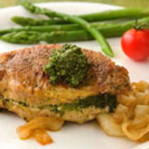 Pesto-Stuffed Pork Chops with Caramelized Onions