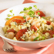 Gorgonzola Cheese Orzo Salad with Blood Orange Vinaigrette, Calabrese Salami, Rock Shrimp and Baby Arugula