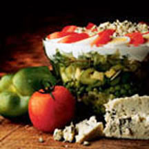 Layered Vegetable Salad with Blue Cheese Dressing