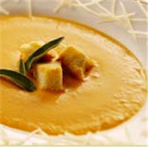 Gruyère Cheese and Sweet Potato Soup with Maple Brioche Croutons