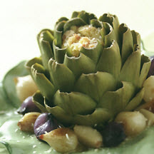 Braised Stuffed Artichokes with Sweet Garlic and Pearl Onions