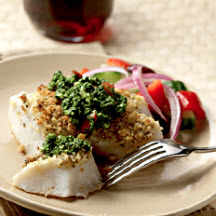 Crispy Alaska Cod with Greek Pesto