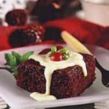 Chocolate Cake Squares with Eggnog Sauce