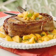 Bacon-Wrapped Pork with Spicy Mango-Basil Relish