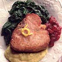 Smoked Pork Chops with Spinach, Polenta and Cranberry Chutney